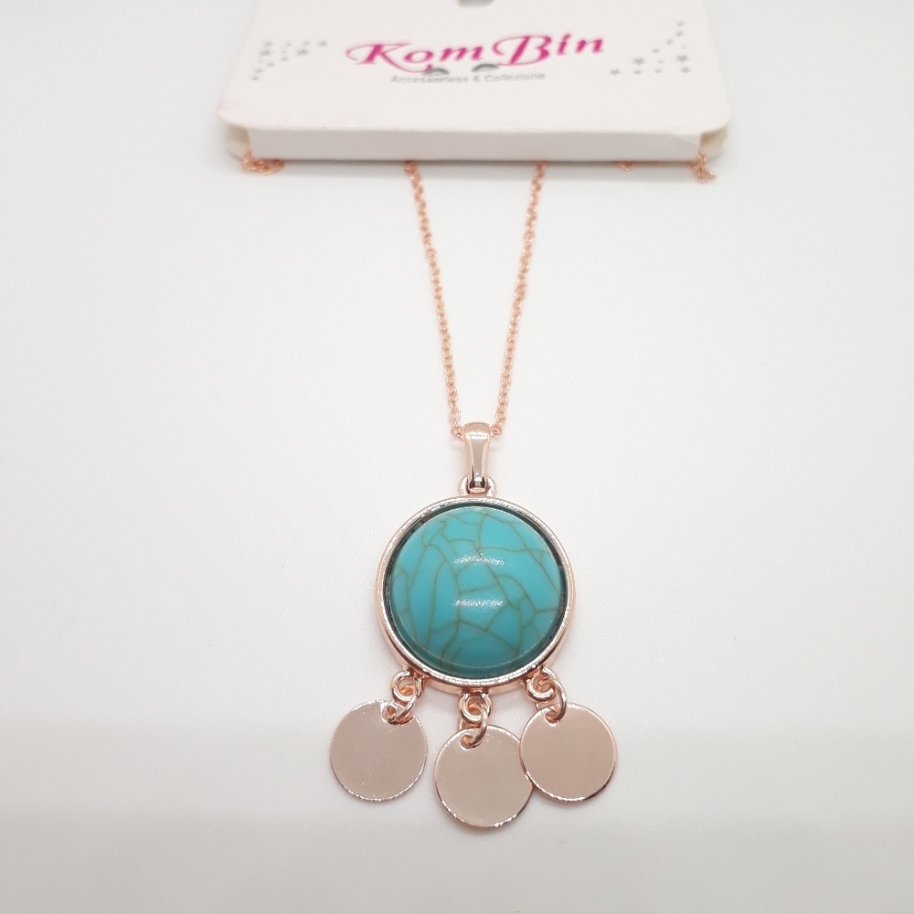 Rose Gold Turquoise Mid Length Charm Necklace - Picture 2 of 7